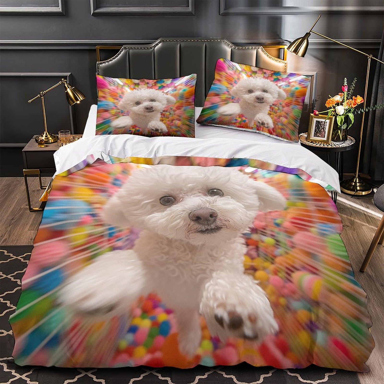 THUBDYEA Bichon Frise 3D PrintedTerri Fei Dog Bedding Set Comforter Covers Quilt Cover Duvet Cover with Pillowcases for Childrens and Adults Microfiber 3 Pieces with Zipper Closure Full（203x228cm）