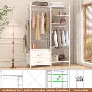 Clothes Rack for Hanging Clothes - Reversible Clothing Rack with 2 Drawers, Heavy Duty Garment Rack with Shelves, 6 Tiers Freestanding Portable Closet Wardrobe System with Hanging Hooks, White