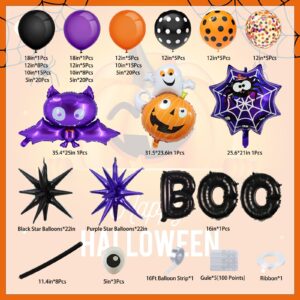 157Pcs Halloween Balloon Garland Arch Kit, Eye Balloons with Spider, Bat Ghost Pumpkin Spider Web Boo Black Purple Star Foil Balloons, Purple Orange and Black Balloons for Halloween Party Decorations