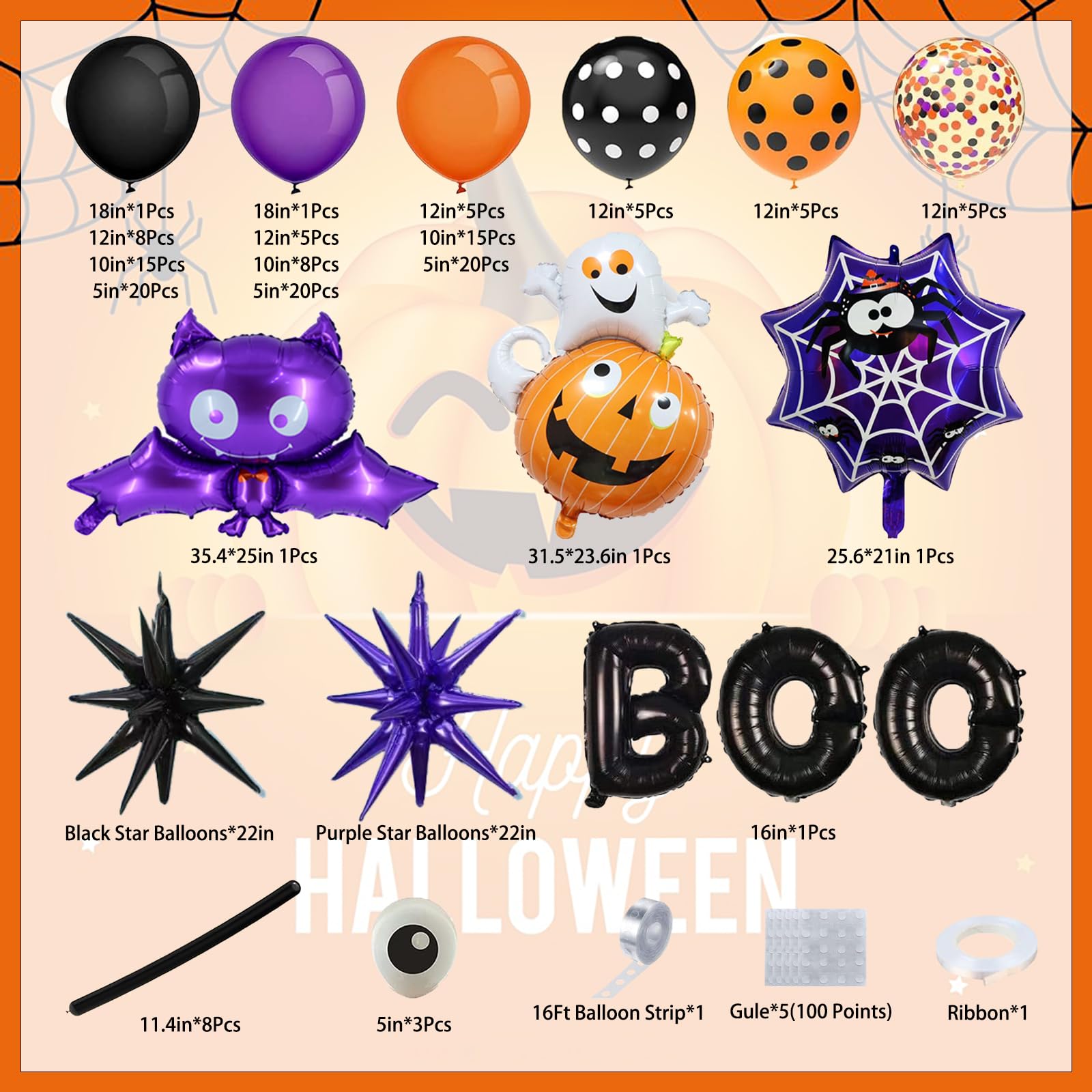 157Pcs Halloween Balloon Garland Arch Kit, Eye Balloons with Spider, Bat Ghost Pumpkin Spider Web Boo Black Purple Star Foil Balloons, Purple Orange and Black Balloons for Halloween Party Decorations