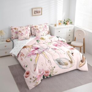 Ballet Dance Girl Pink Comforter Set 7 Pcs,Fantasy Dancing Dress Shoes Bedding Set,Dreamy Swan Watercolor Flowers Kawaii(Comforter+Fitted+Flat Sheet+2 Pillowcases+2 Throw Pillow Covers),Twin