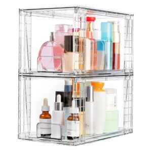 2 pack stackable storage drawers,stackable makeup organizer, acrylic bathroom organizer and storage drawers,bathroom,kitchen undersink,cabinet