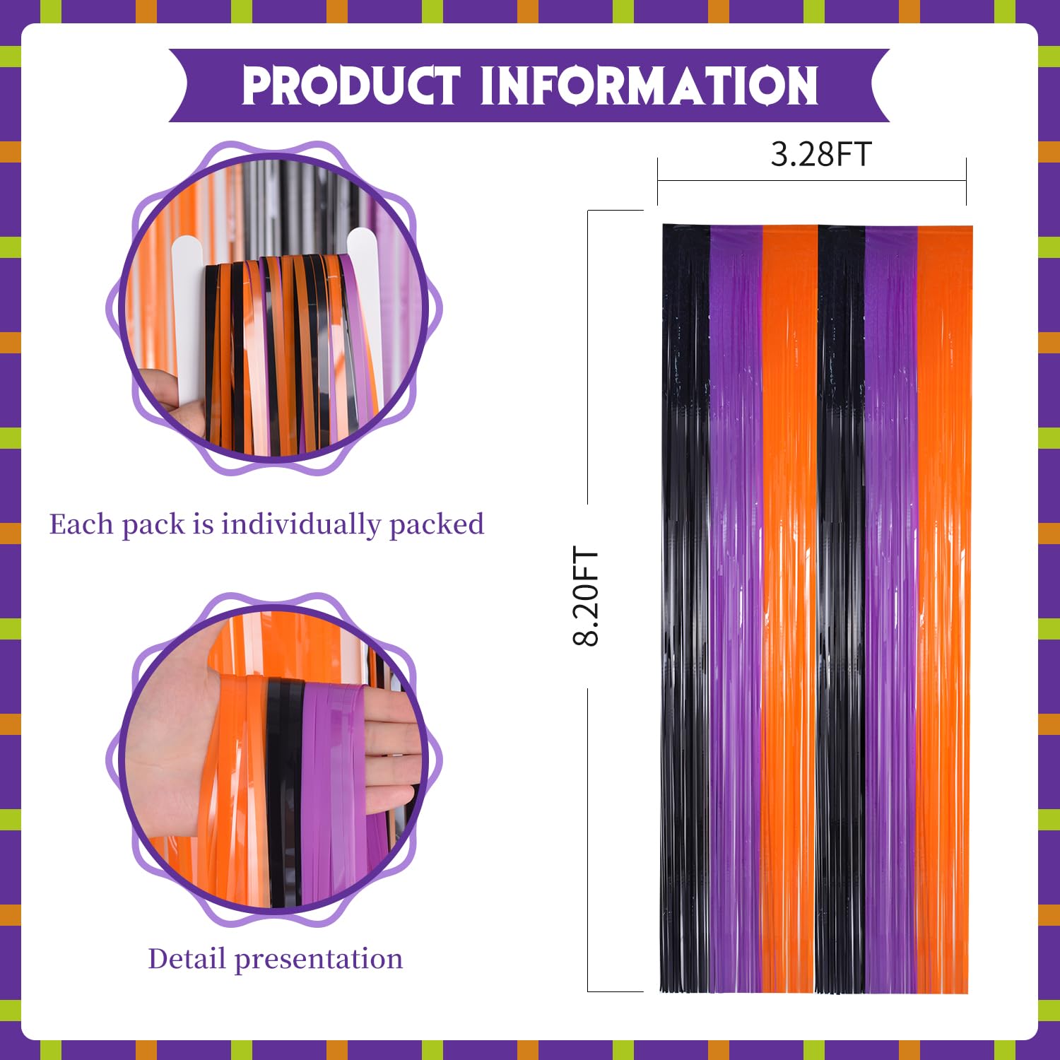 YUKL Orange Purple Black Halloween Party Decorations 2Pack Foil Fringe Backdrop Curtains Halloween Decorations Birthday Backdrop Streamers Party Decorations for Halloween Birthday Party Decorations