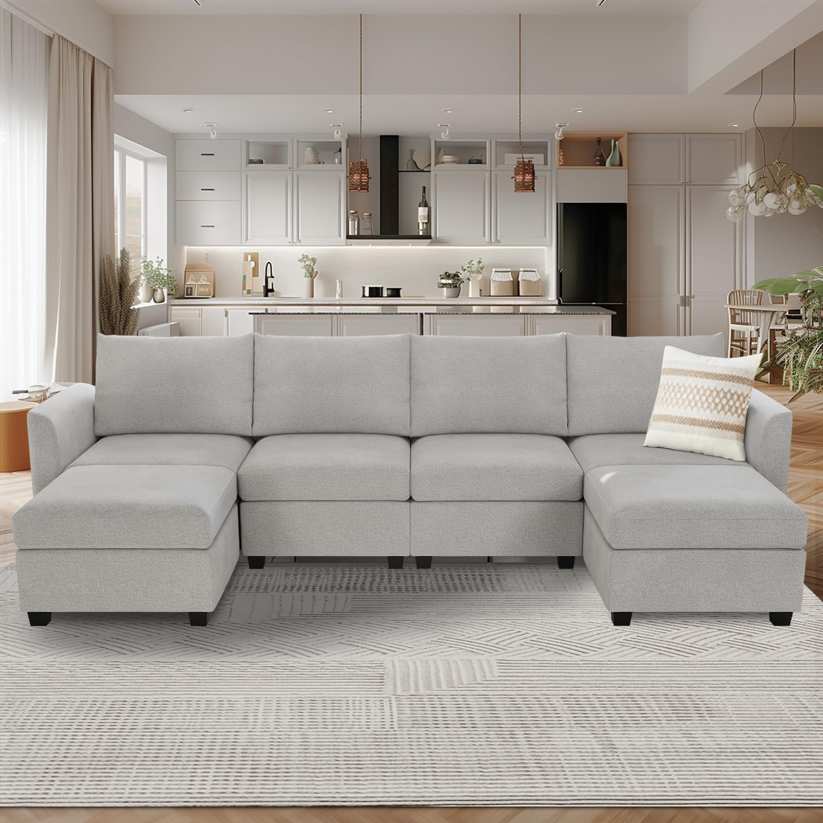 HALLYBEE Modular Sectional Sofa with Storage Seat Comfy Chenille Sectional Couches for Living Room with Ottoman U Shaped Couch 6 Seats Couch Light Grey