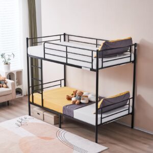 Karl home Black Bunk Bed Twin Over Twin, Metal Bunk Bed with Built-in Ladder and Safety Guardrail, Space-Saving Twin Bunk Beds for Kids, Teens & Adults, No Box Spring