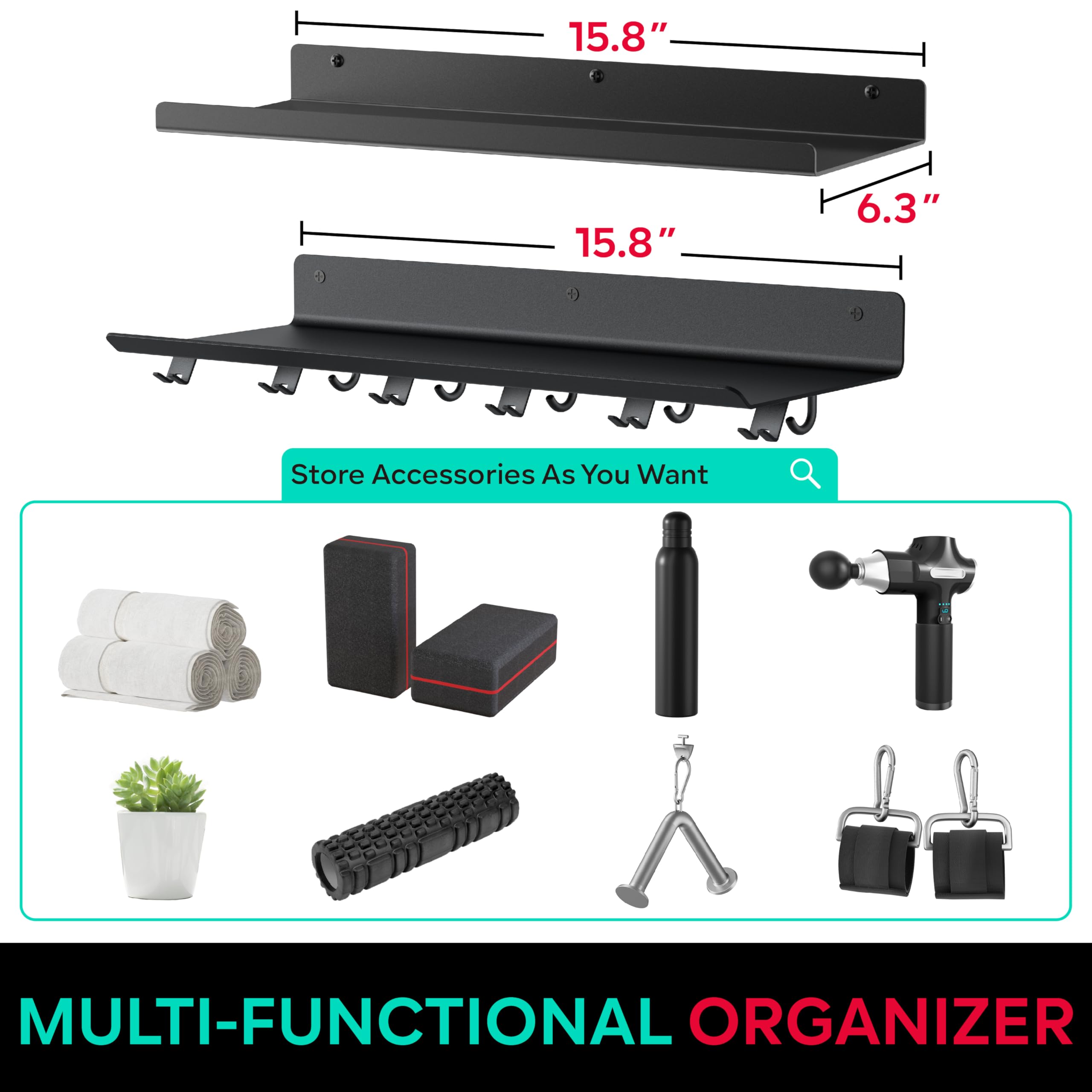 Crostice 2-Tier Floating Shelf Compatible with Tonal Accessories, Shelf for Home Gym Storage, Gym Rack Wall Mount Organizer, Workout Metal Shelf Holder, T-Bracket Lock Adapter Hanger, Shelf with Hooks