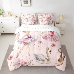 Ballet Dance Girl Pink Comforter Set 7 Pcs,Fantasy Dancing Dress Shoes Bedding Set,Dreamy Swan Watercolor Flowers Kawaii(Comforter+Fitted+Flat Sheet+2 Pillowcases+2 Throw Pillow Covers),Twin