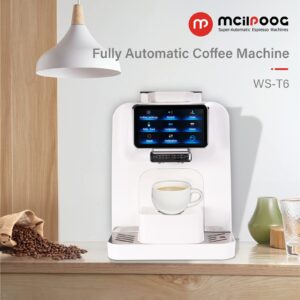 Mcilpoog WS-T6 Super Automatic Espresso Coffee Machine with Milk Jug, Built-in Small Refrigerator, Controlled by WIFI Connection (White)