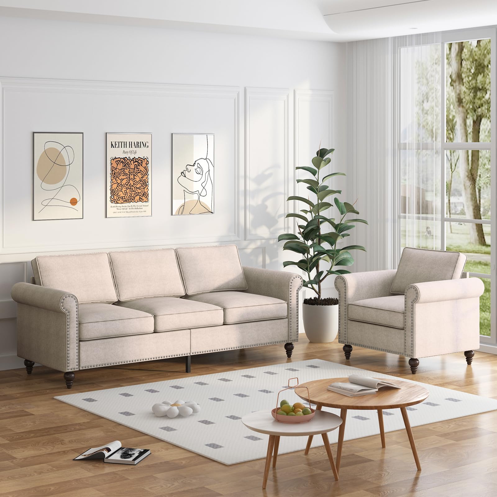 PUREMIND Sofa Couch Set, 3 Seat Couches for Living Room Mid Century Modern Couch with Solid Wood Frame Linen sectional Couch Sofa for Home for Office for Apartment Beige