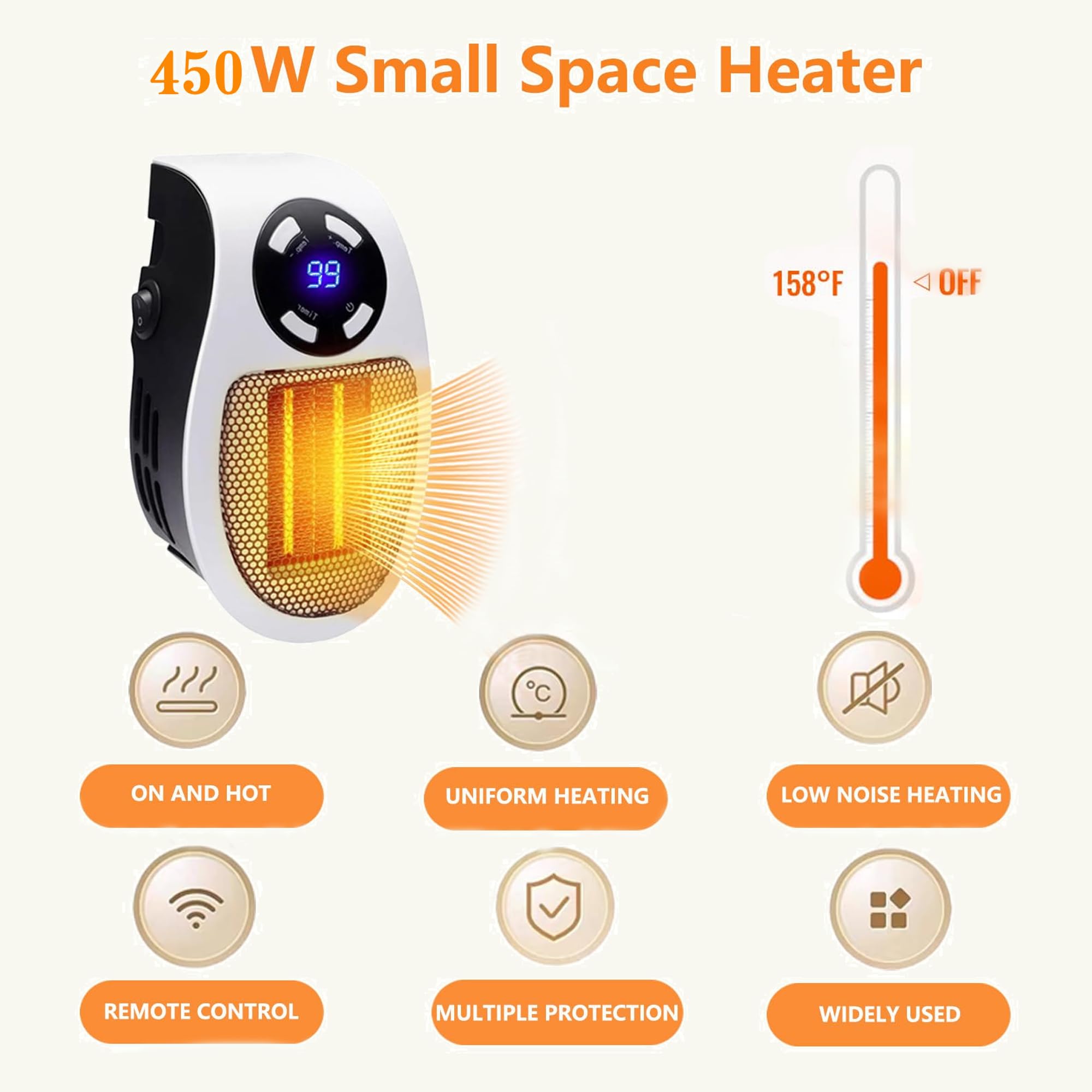 Smart Thermostat Space Heater,450W Portable Electric Small Heater With Timer/Overheat Protection,Safe heater,Energy-saving heater with LED Display,Heaters for Office Bathroom RV Indoor Use (White)