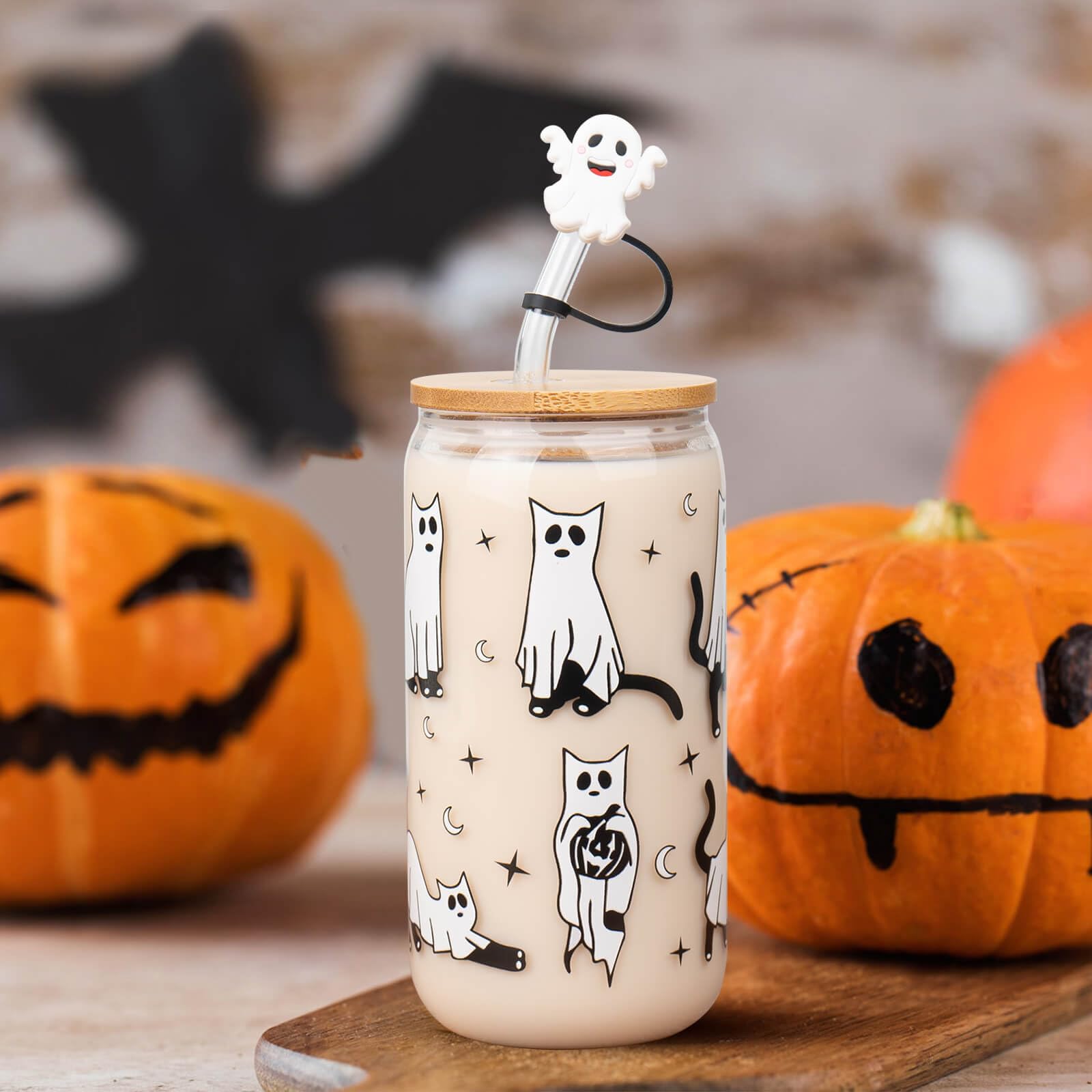 Halloween's Gift,Set Of 2 16 Oz Halloween Cups|Halloween Tumbler|Halloween Mug, Cat Themed Glass Cups With Lids And Straws, Coffee Cups, Fall Gifts For Women,Unique Halloween Ideas For Cat Lovers