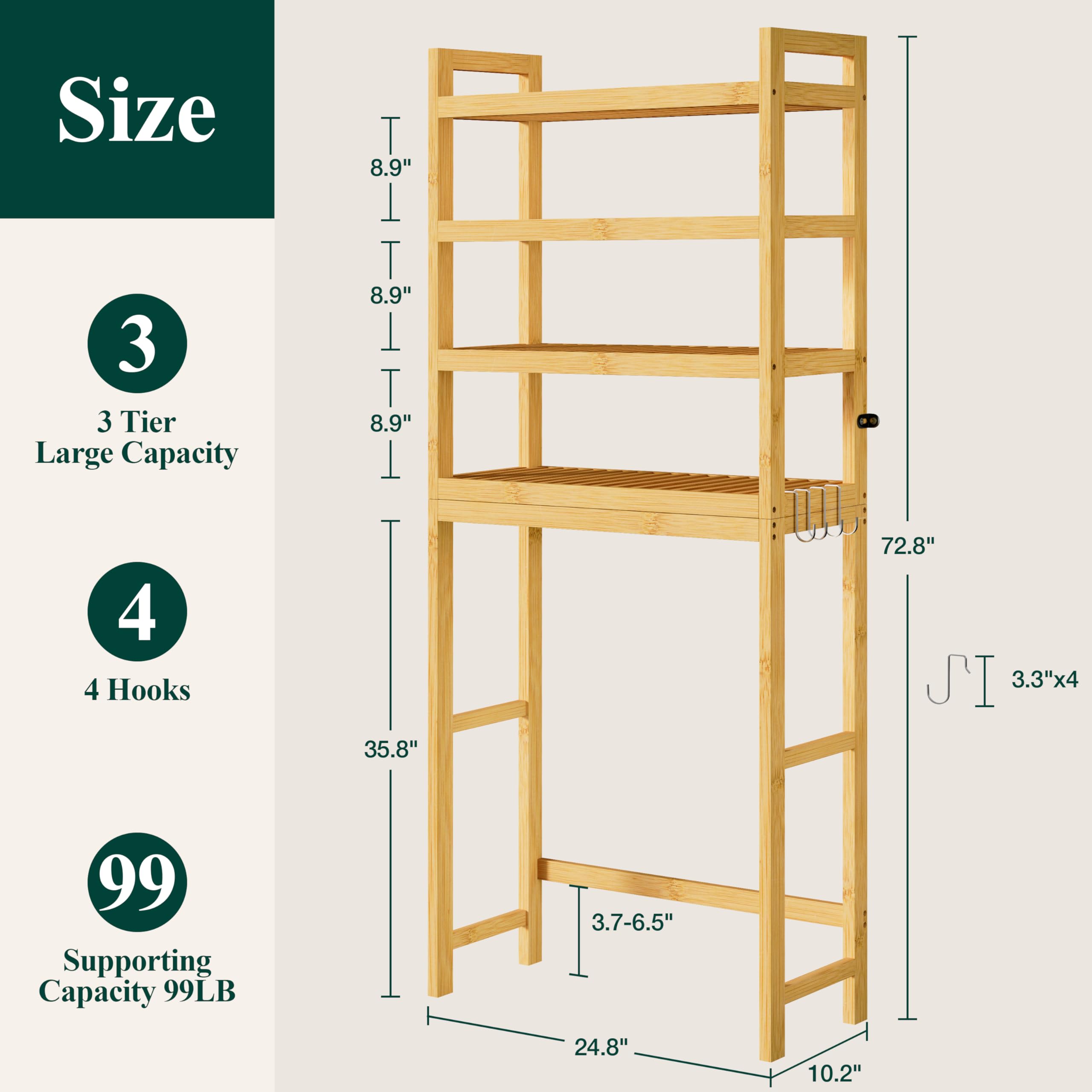 Smiry Over The Toilet Storage, Bamboo 3-Tier Over Toilet Bathroom Organizer with Adjustable Shelf, Fit Most Toilets, Space Saving, Stable Freestanding Storage Cabinet with 4 Hooks, Natural