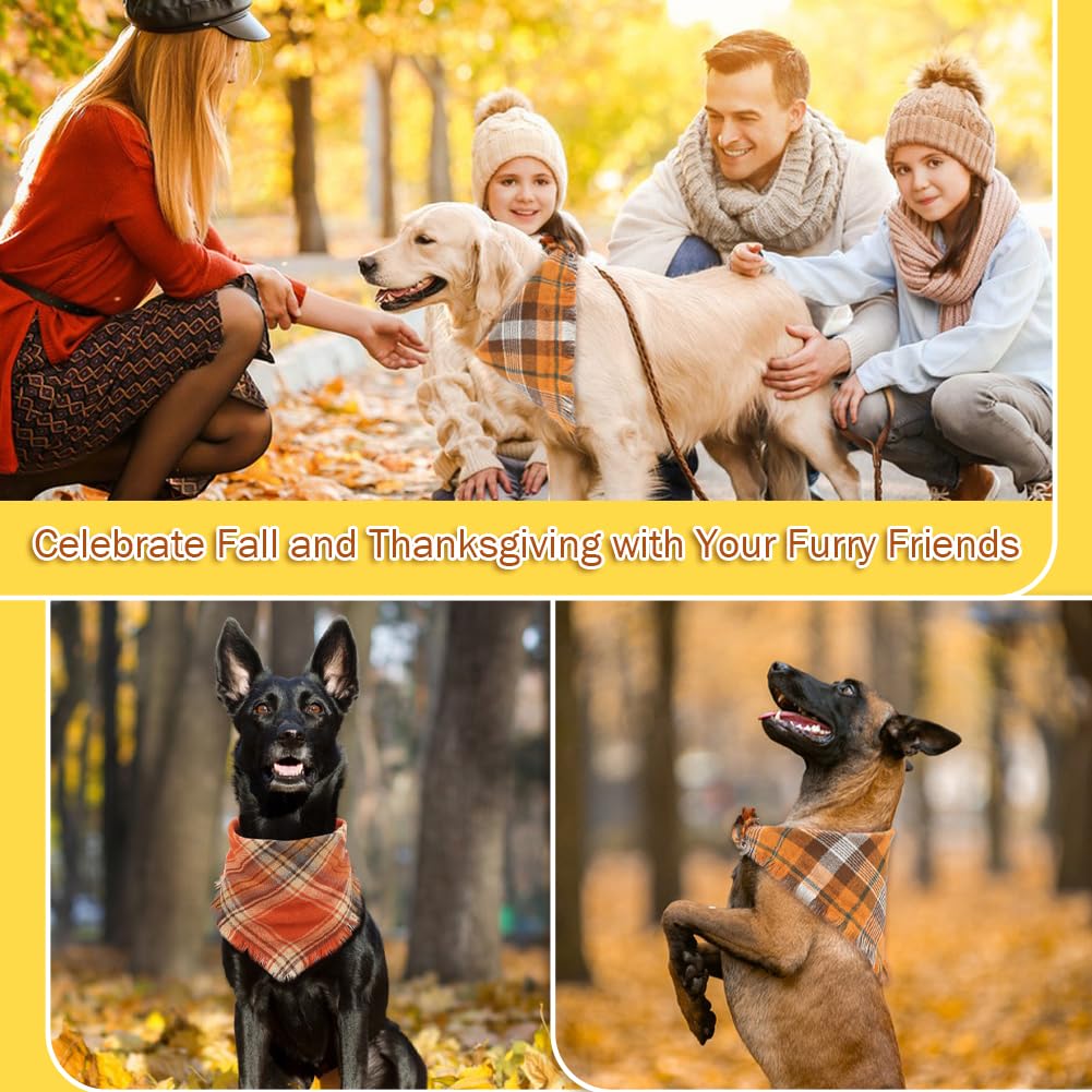 Vivifying Thanksgiving Dog Bandana, 2 Pack Halloween Fall Classic Plaid Dog Scarf with Tassels Edges, Funny Dog Apparel & Accessories Costume for Photo Prop, and Party Decor (Large, Yellow&Orange)