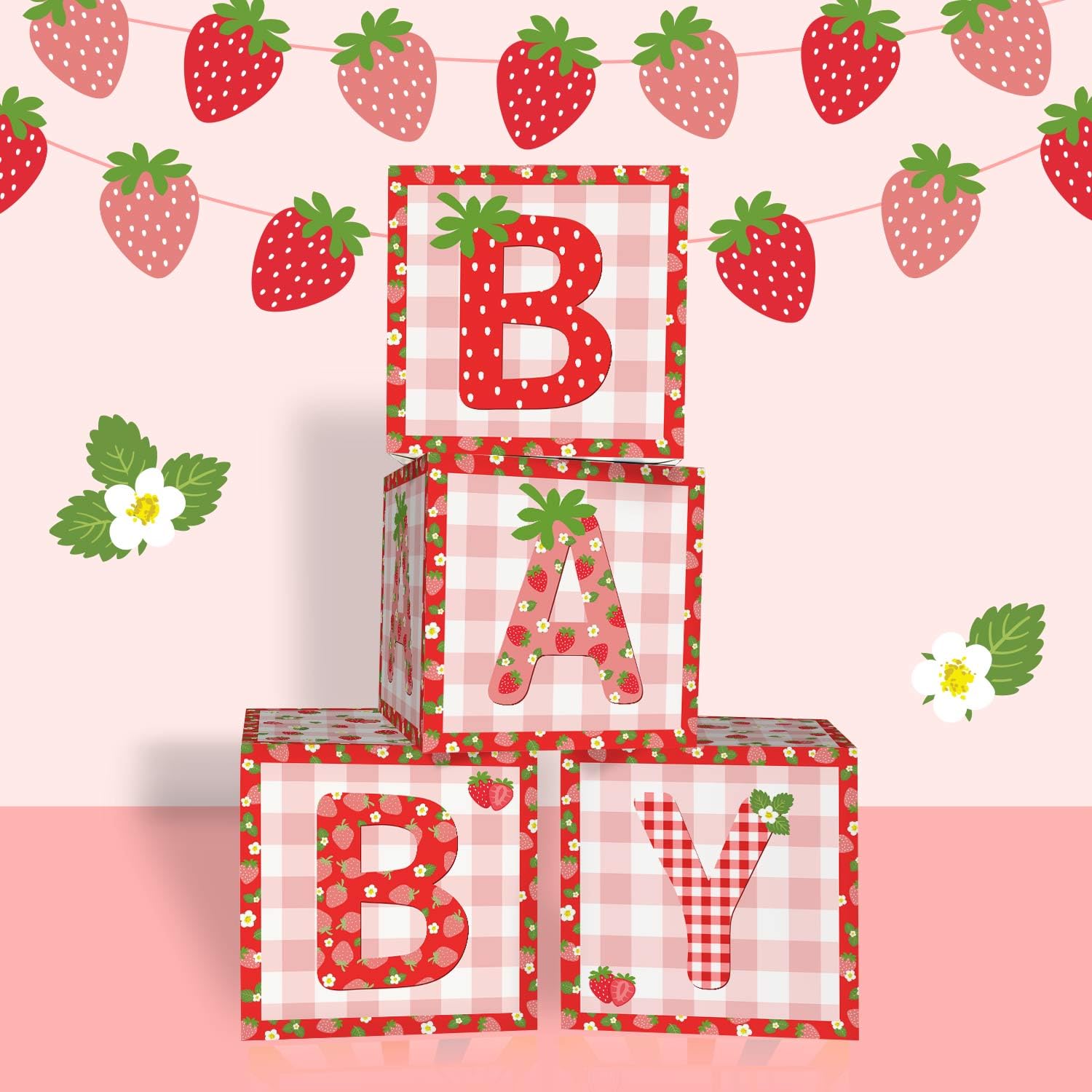 Lopeastar Strawberry Baby Shower Decorations Baby Boxes Banner Set, Berry Sweet Baby Boxes with Letters for Baby Shower Blocks Strawberry Banner Party Decorations