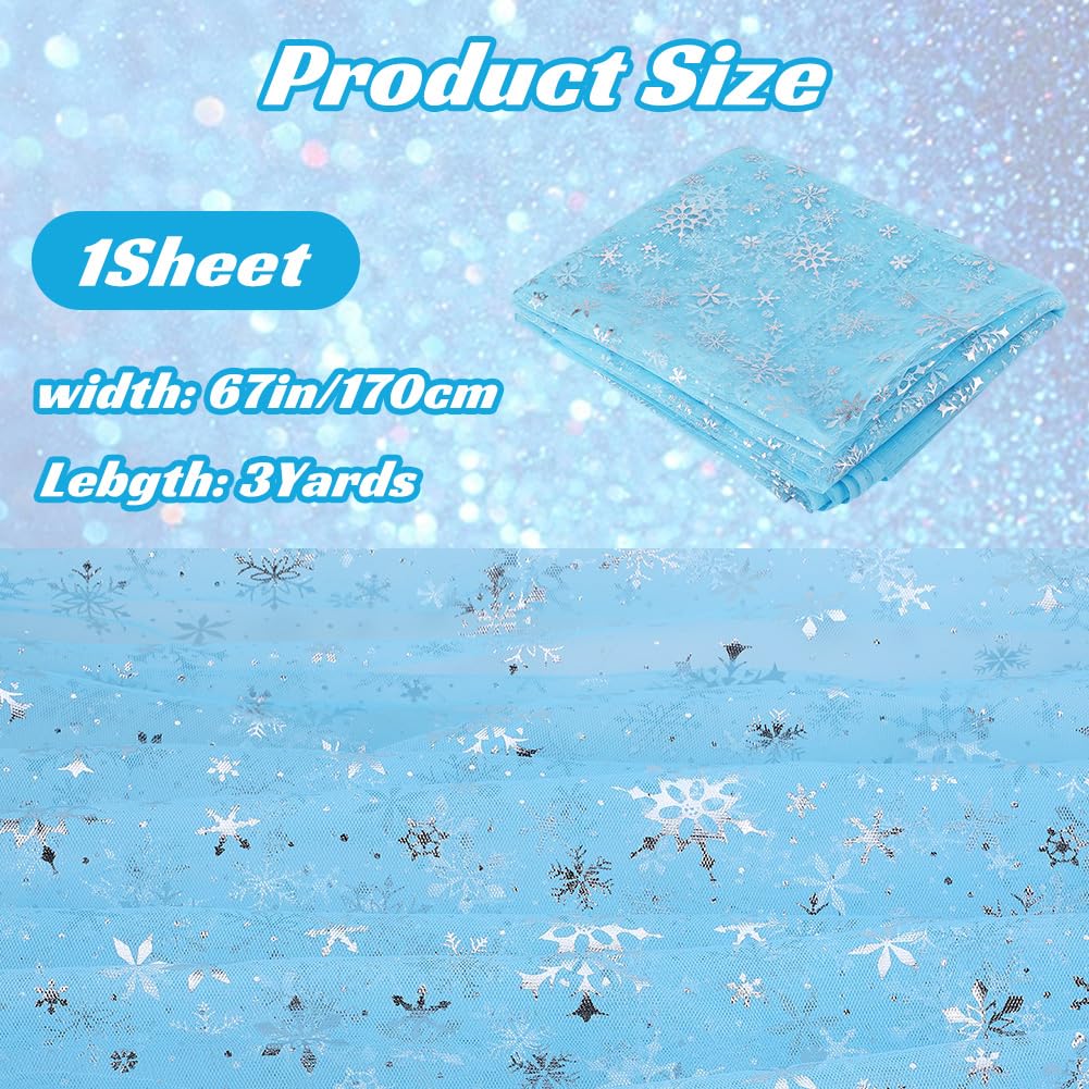 GORGECRAFT Christmas Snowflake Shiny Sheer Fabric 67 Inch Wide Sky Blue Silver Foil Organza Mesh Ribbon Fabric Silky Tulle Tablecloth Net Gauze for Birthday Wedding Party Gift DIY Craft 3 Yards