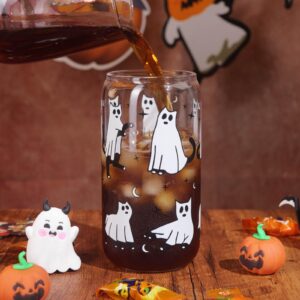 Halloween's Gift,Set Of 2 16 Oz Halloween Cups|Halloween Tumbler|Halloween Mug, Cat Themed Glass Cups With Lids And Straws, Coffee Cups, Fall Gifts For Women,Unique Halloween Ideas For Cat Lovers