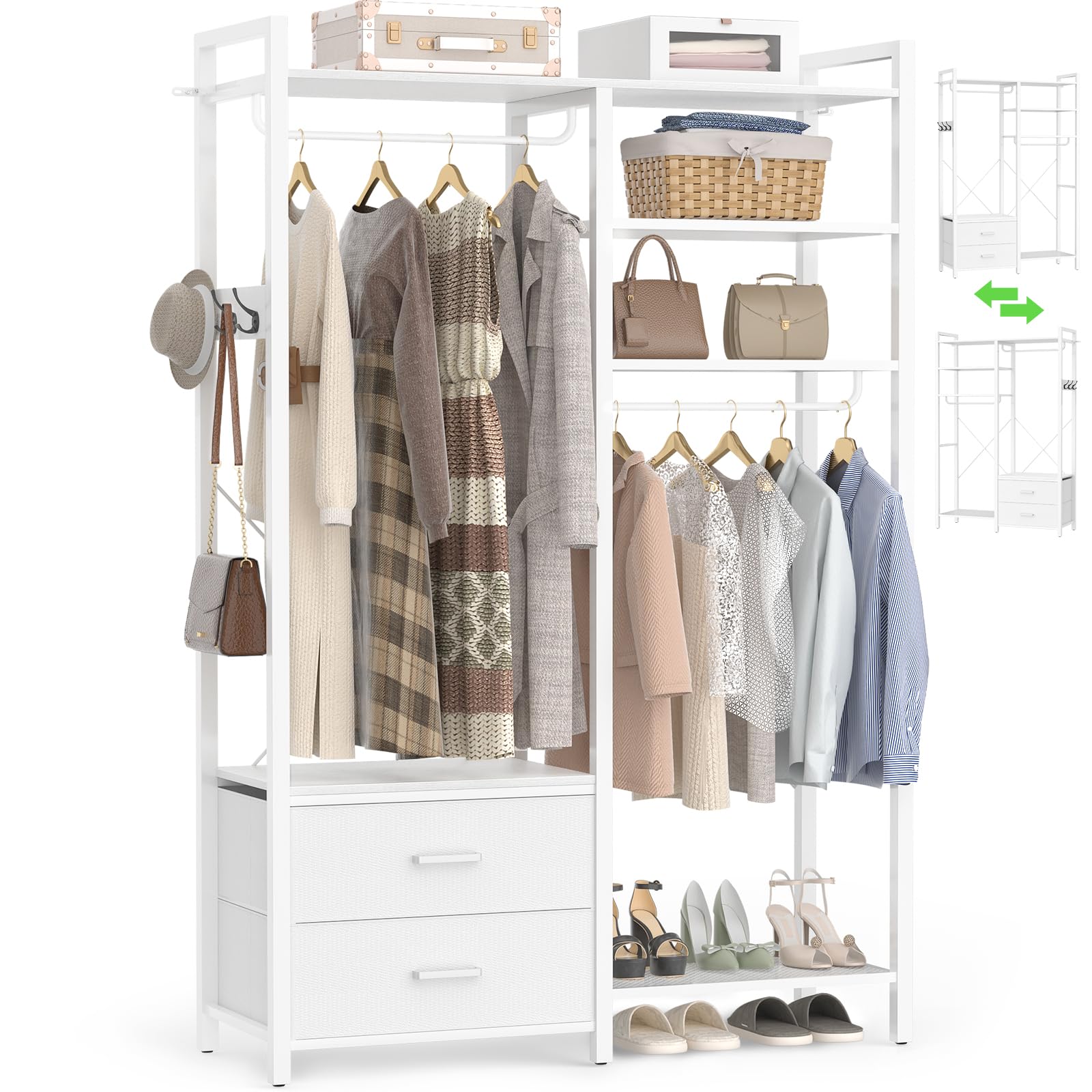 Clothes Rack for Hanging Clothes - Reversible Clothing Rack with 2 Drawers, Heavy Duty Garment Rack with Shelves, 6 Tiers Freestanding Portable Closet Wardrobe System with Hanging Hooks, White