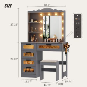 HWB Makeup Vanity Desk with Mirror and Lights,Vanity Table with 5 Drawers&2 Shelves,Vanity Set for Bedroom,Dressing Table with 10 Light Bulbs,Desk Vanity with USB Port&Human Sensor Design,Grey