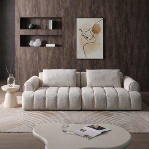 SSC SATISUNCASA 100“Modern Sectional Sofa, 4-Seater Cloud Couch Granular Fleece Velvet Upholstered Sofa Couch for Living Room/Apartment/Small Space (Beige+Solid Wood)