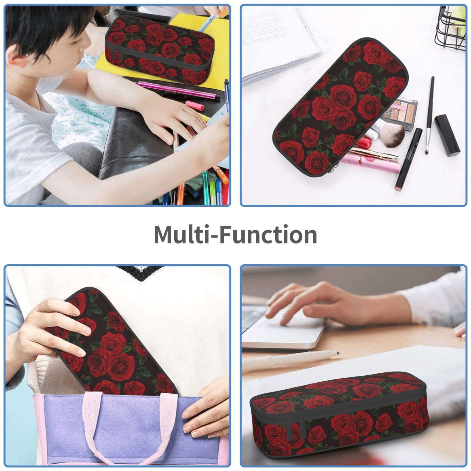 HKHEHOP Red And Black Rose Pencil Case Big Capacity Storage Pencil Pouch Stationery Bags With Zipper Portable Pen Holder Box Organizer For Boys Student College School Office Supplies