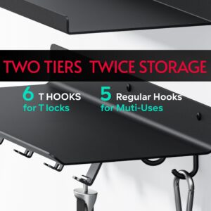 Crostice 2-Tier Floating Shelf Compatible with Tonal Accessories, Shelf for Home Gym Storage, Gym Rack Wall Mount Organizer, Workout Metal Shelf Holder, T-Bracket Lock Adapter Hanger, Shelf with Hooks