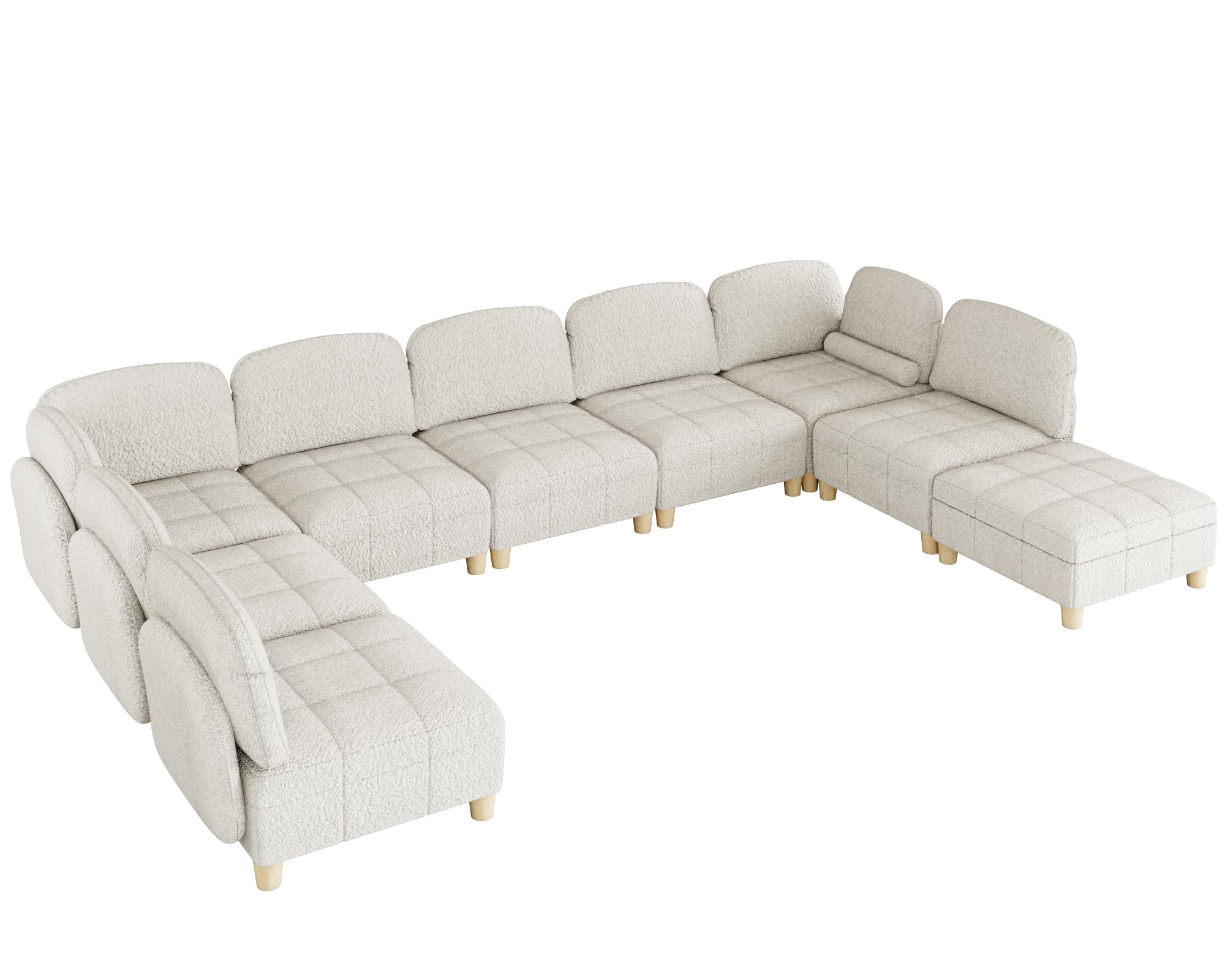 LLappuil Modular Sectional Sofa U Shaped Sectional Modular Sofa with Storage Convertible Modular Sectional Couch for Living Room, Removable Teddy Velvet 9 Seater Couch with Coffee Table, Beige