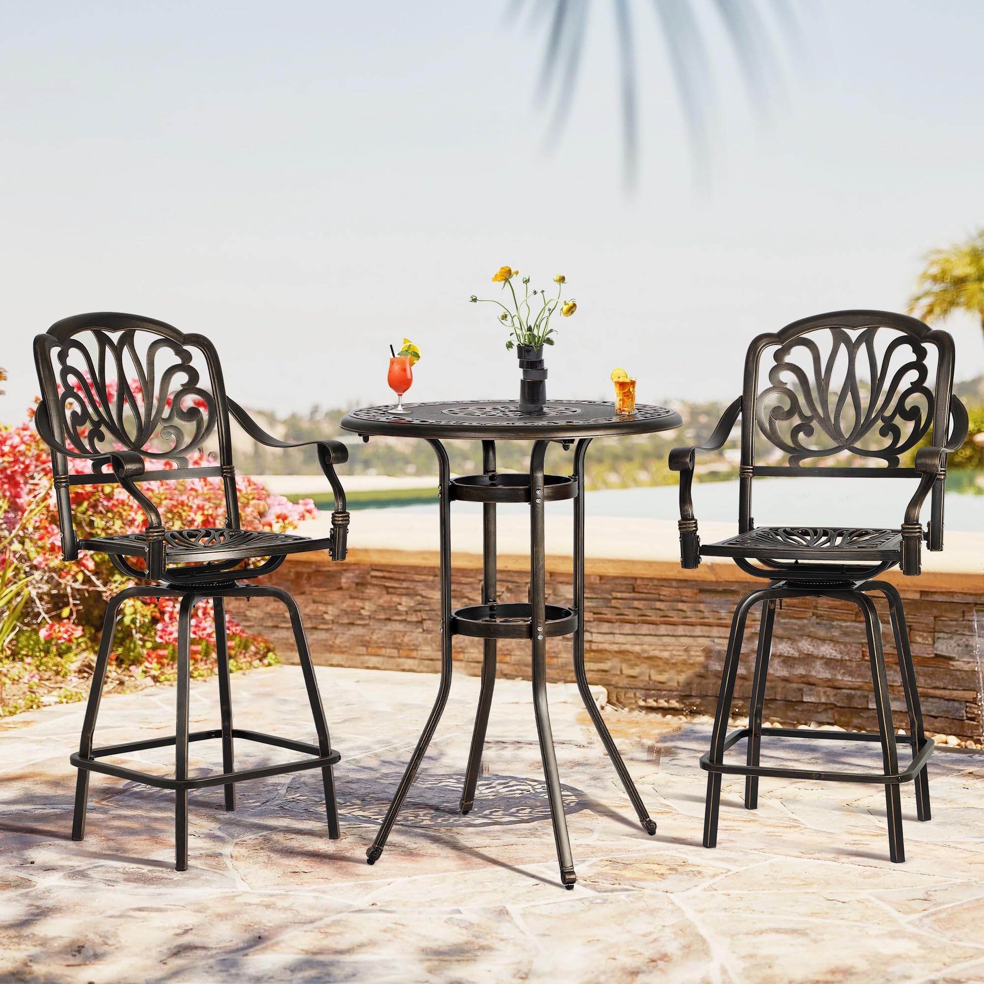 TITIMO Outdoor Patio Swivel Bar Stools - Set of 2 All-Weather Cast Aluminum Height Bistro Chairs Outdoor Furniture Bar Dining Chair for Garden Deck Backyard (Swivel Rocker Chairs Without Cushions)