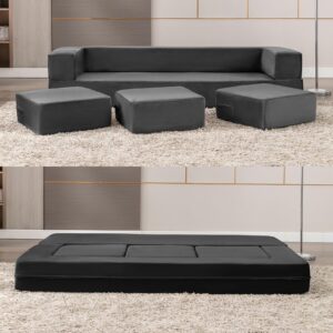 puremind 10 inch folding sofa bed, velvet convertible floor sleeper sofa with 3 ottomans, upholstered 2-in-1 fold out couch bed queen size guest bed foldable mattress for living room, office