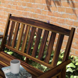 BAIVAKON Wood Outdoor Bench, 2-Person Garden Bench with Cupholder Armrests, Slatted Seat and Backrest, Park Bench for Patio, Porch, Lawn, Deck, Carbonized