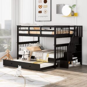 Harper & Bright Designs Full Over Full Bunk Bed with Stairs and Trundle, Wooden Bunk Bed Frame with Storage, for Kids Teens Adults - Espresso