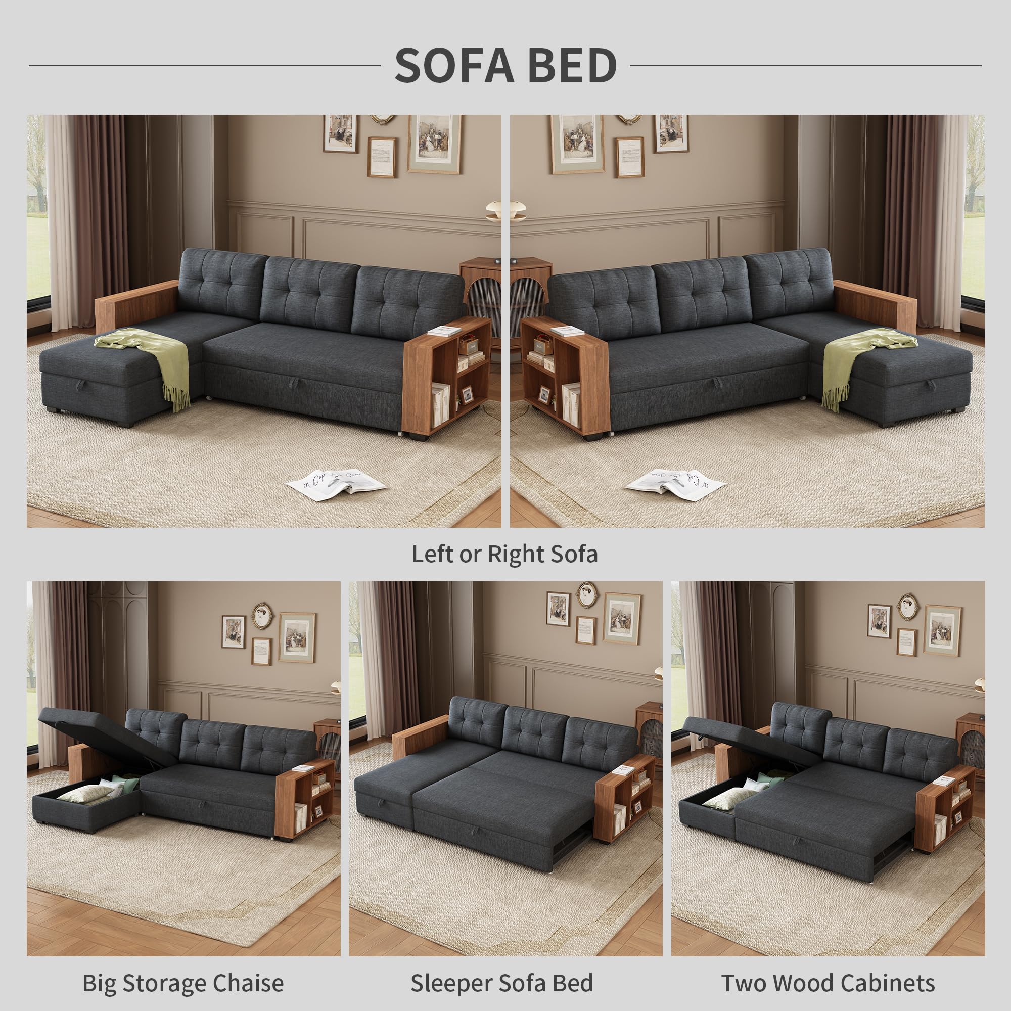 Acosure 84" Pull Out Sectional Sleeper Sofa Bed with Storage Chaise,L-Shape Upholstered Reversible Couch W/Hidden Wood Shelf Armrests,Linen Corner Sleeper for LivingRoom Office Apartment,Dark Grey