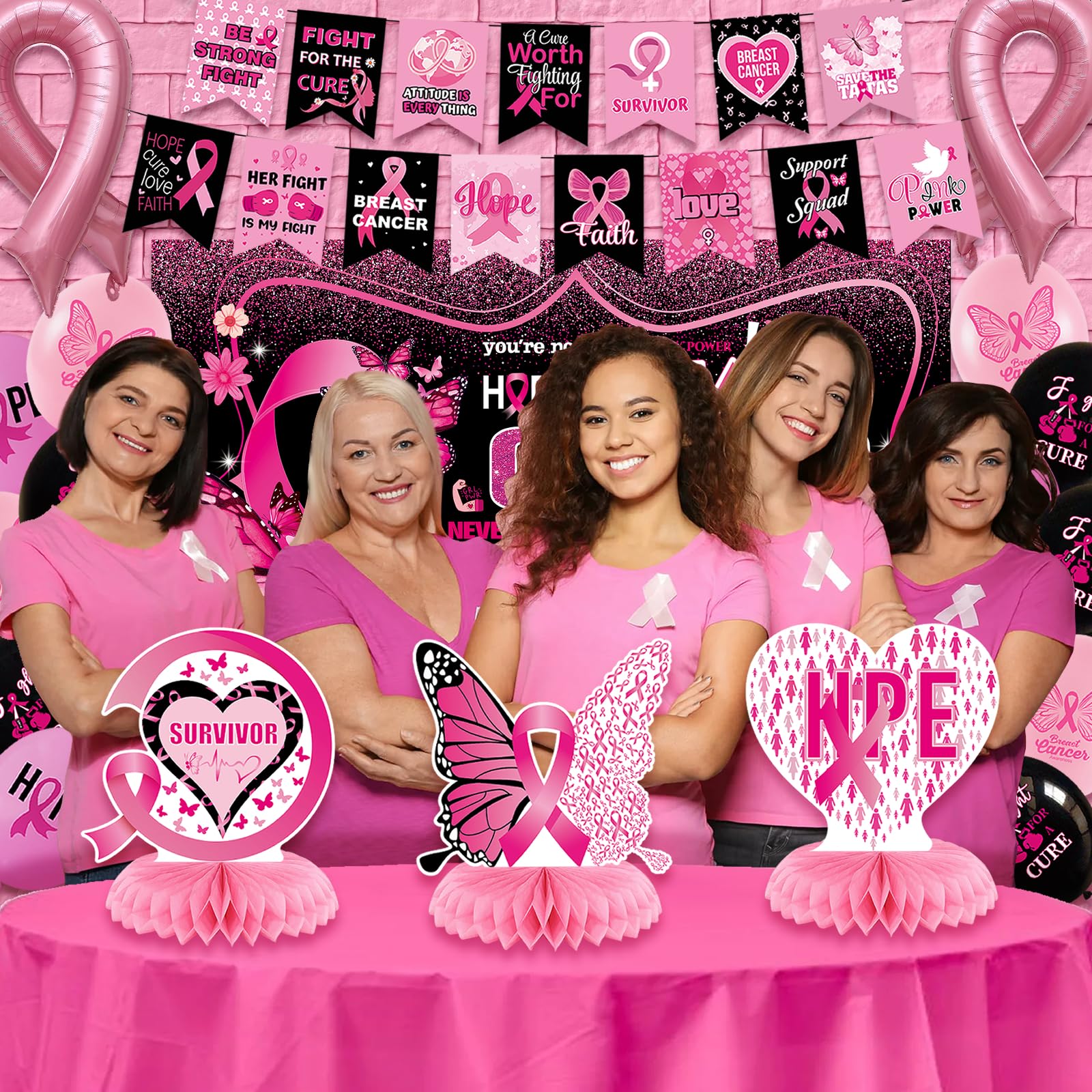 Breast Cancer Awareness Decorations,Breast Cancer Awareness Banner,Breast Cancer Awareness backdrop,Breast Cancer Awareness Balloons Honeycomb Centerpieces,Breast Cancer Awareness Supplies Decorations for Women Charity Activities