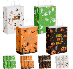 hordely 24pcs halloween kraft trick or treating bags with handles, paper halloween candy gift bags for kids, reusable bulk halloween party small goody bags, 5.90 x 3.15 x 8.27 in