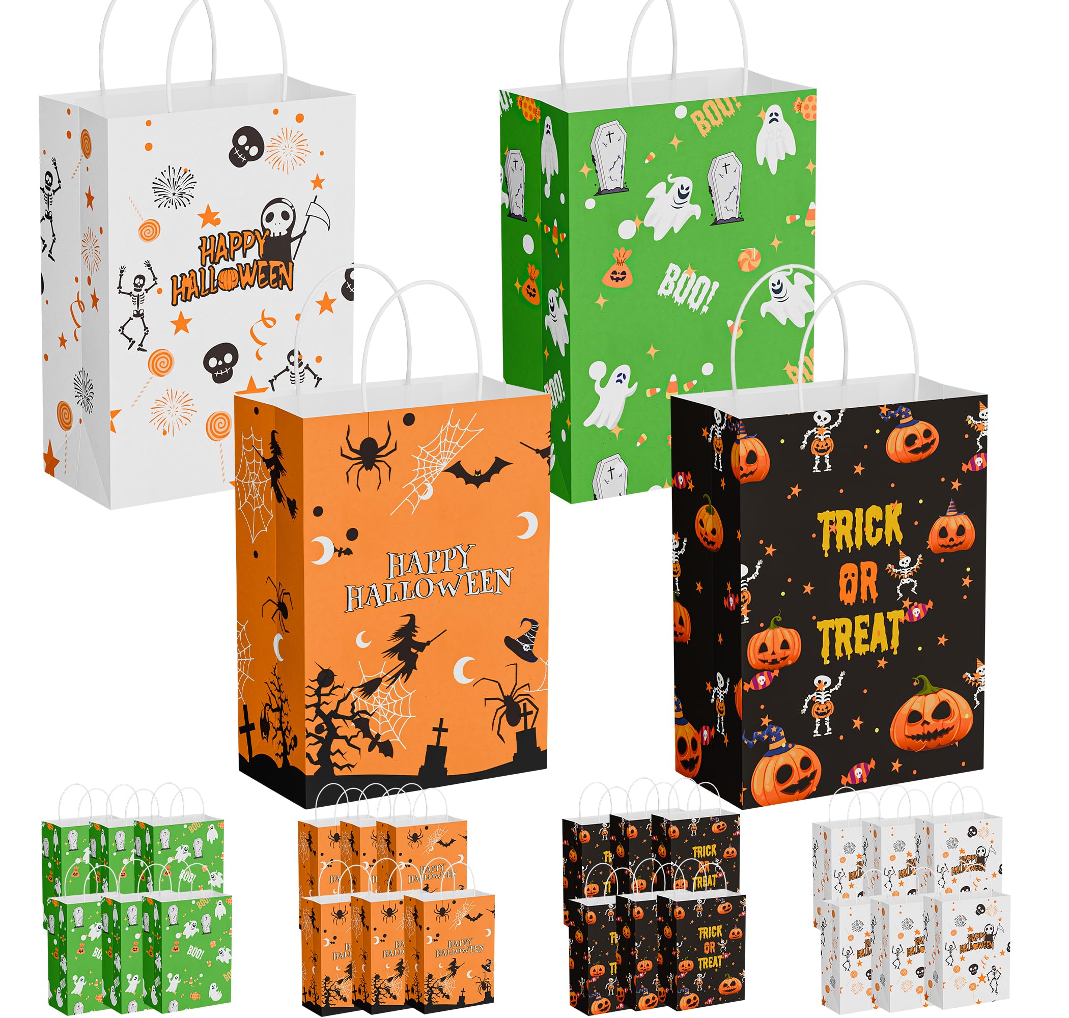 Hordely 24PCS Halloween Kraft Trick or Treating Bags with Handles, Paper Halloween Candy Gift Bags for Kids, Reusable Bulk Halloween Party Small Goody Bags, 5.90 x 3.15 x 8.27 In