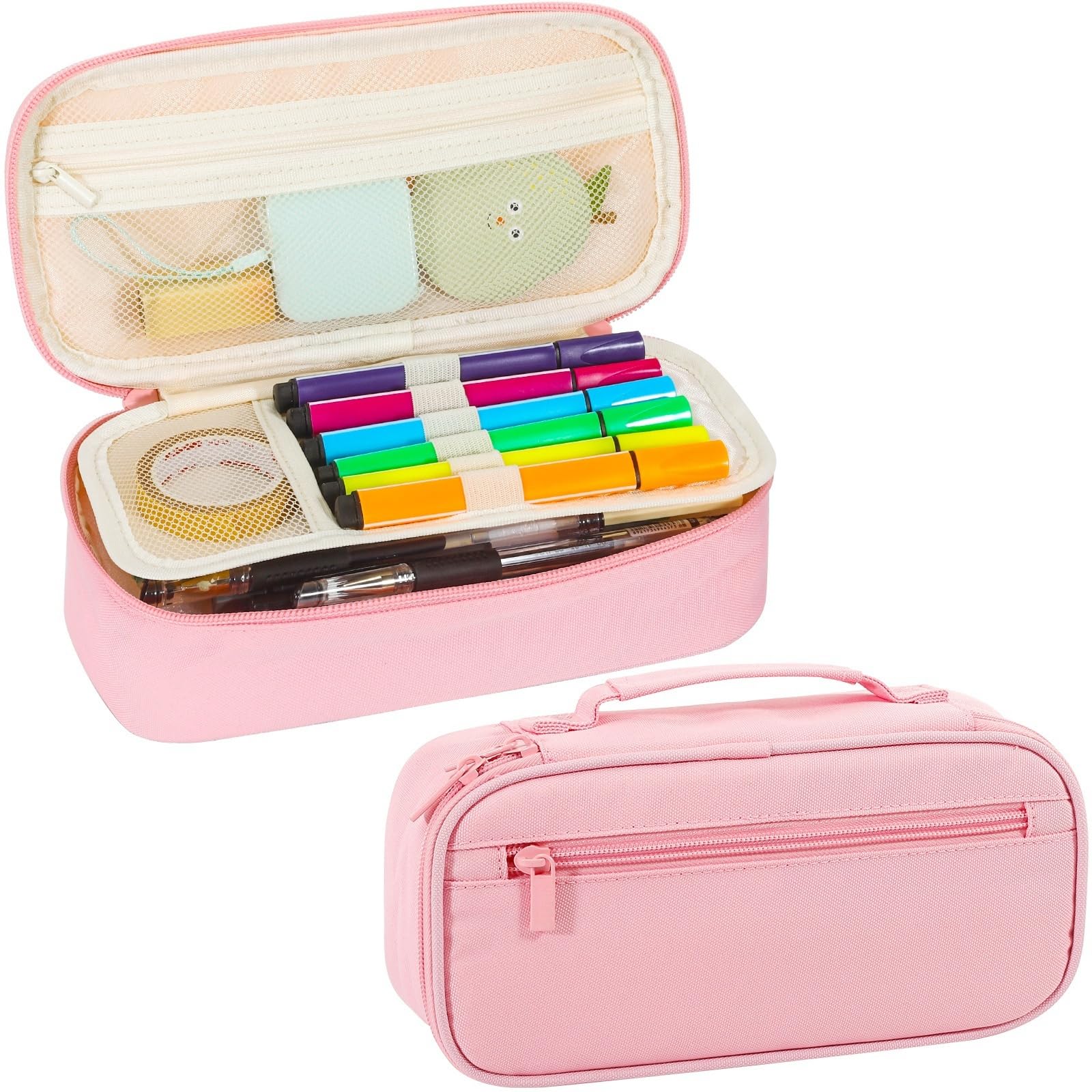 Betarami Pink Pencil Case with Handle, Portable Stationery Case, Pencil Pouch, Large Pencil Case for Home, School &Office