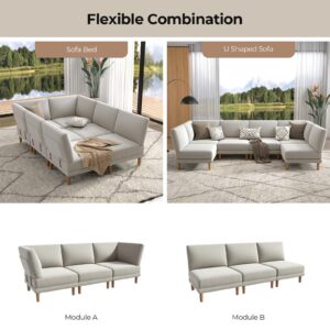 COPIAE 122” Modular Sectional Sofa, 6 Seat Oversized Sectional Couch with Chaise, Modern U Shaped Couch Set with Metal Frame& Wooden Legs, Performance Fabric Sleeper Sectional Sofas for Living Room