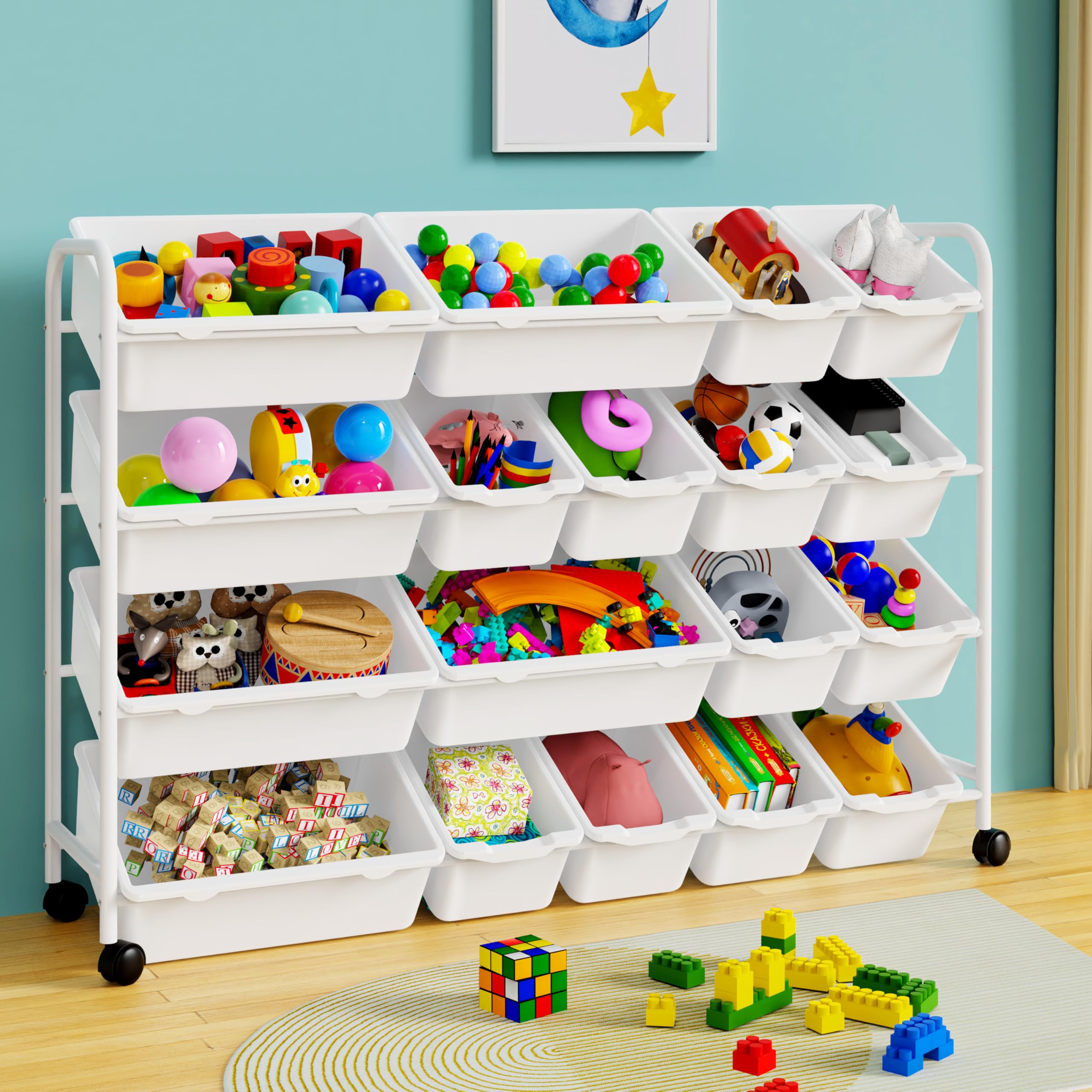 Kinembold Large Kids Toy Storage Organizer with 18 Toy Bins, Multi-Bin Organizer Shlef Rack for Books, Building Blocks, School Materials, Metal Toy Organizers, Kids Playroom Organizers and Storage