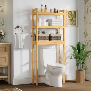 Smiry Over The Toilet Storage, Bamboo 3-Tier Over Toilet Bathroom Organizer with Adjustable Shelf, Fit Most Toilets, Space Saving, Stable Freestanding Storage Cabinet with 4 Hooks, Natural