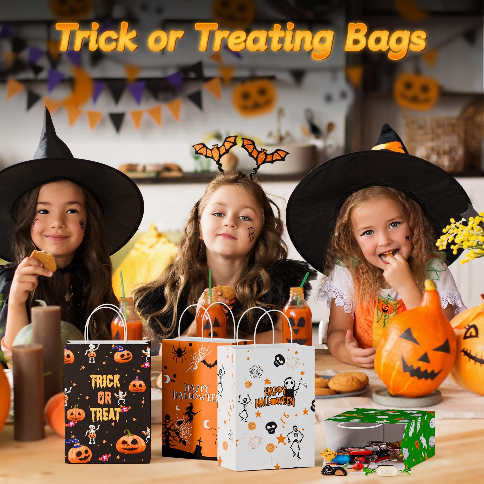 Hordely 24PCS Halloween Kraft Trick or Treating Bags with Handles, Paper Halloween Candy Gift Bags for Kids, Reusable Bulk Halloween Party Small Goody Bags, 5.90 x 3.15 x 8.27 In