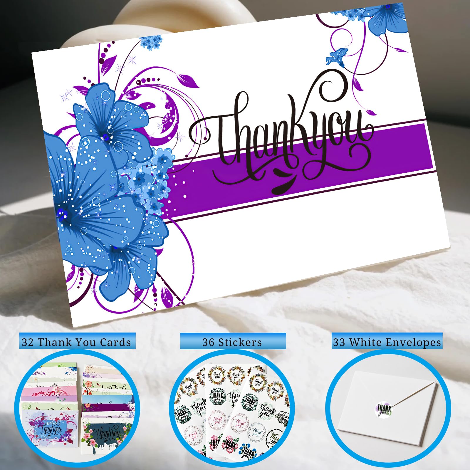 32 Thank You Cards with Envelopes Matching Stickers and Storage Box, 4 x 6 Inch Blank Thank You Greeting Cards Thank You Note for Graduation, Baby Shower, Wedding, Business, Mom, Father, Doctor, Teachers