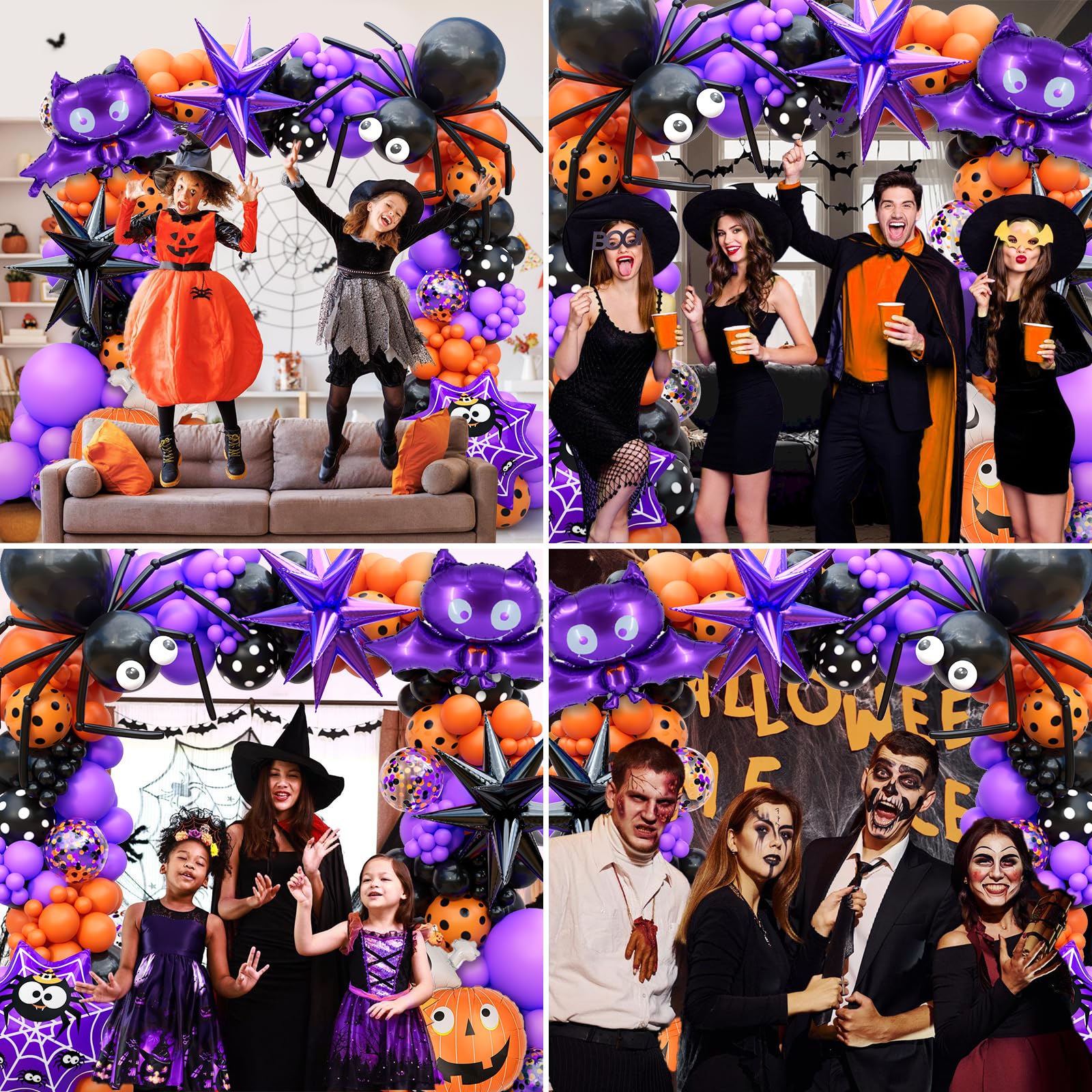 157Pcs Halloween Balloon Garland Arch Kit, Eye Balloons with Spider, Bat Ghost Pumpkin Spider Web Boo Black Purple Star Foil Balloons, Purple Orange and Black Balloons for Halloween Party Decorations