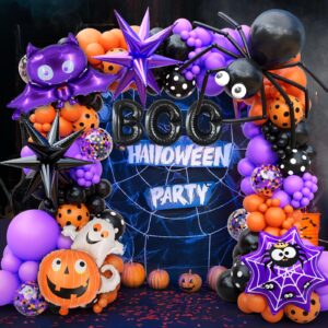 157Pcs Halloween Balloon Garland Arch Kit, Eye Balloons with Spider, Bat Ghost Pumpkin Spider Web Boo Black Purple Star Foil Balloons, Purple Orange and Black Balloons for Halloween Party Decorations