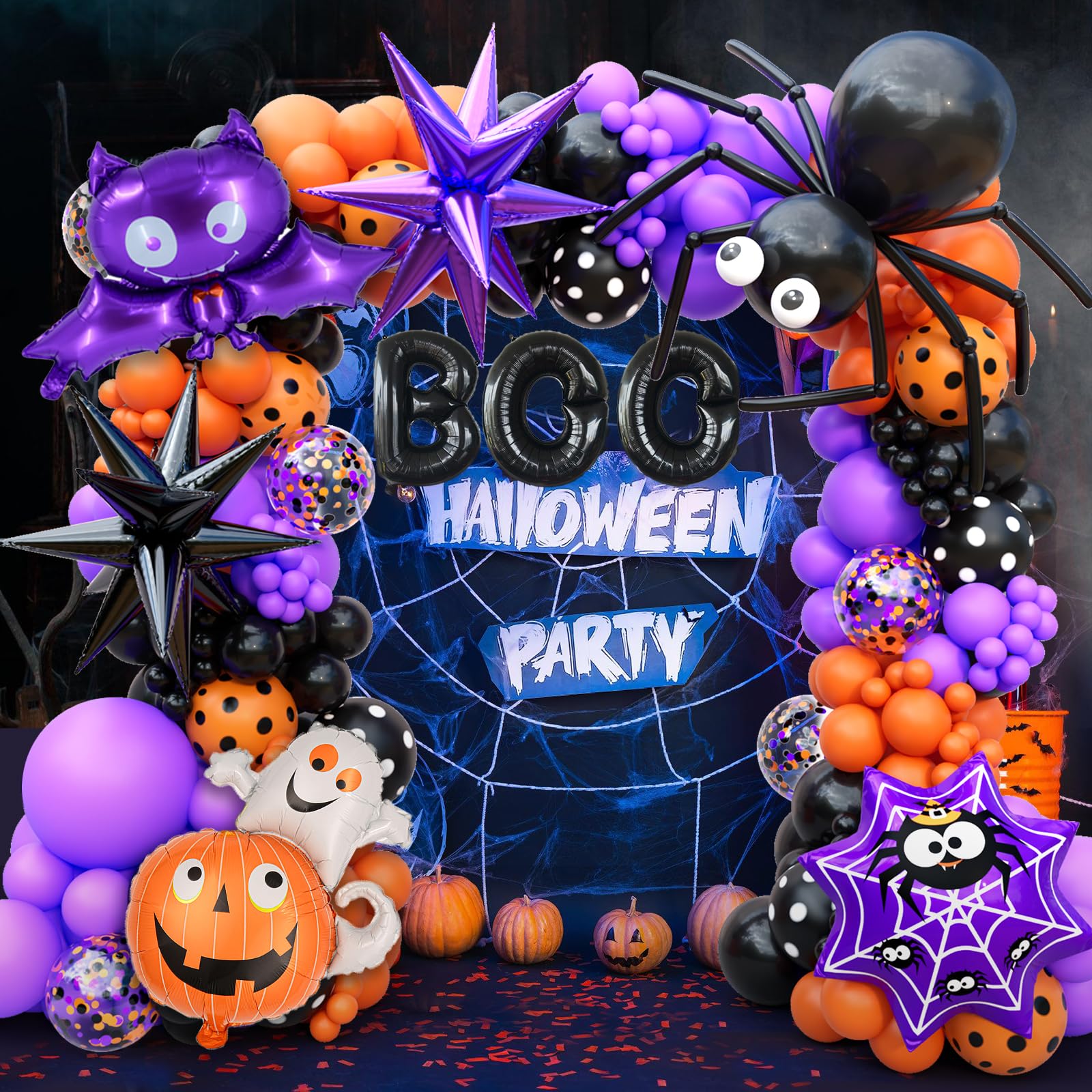 157Pcs Halloween Balloon Garland Arch Kit, Eye Balloons with Spider, Bat Ghost Pumpkin Spider Web Boo Black Purple Star Foil Balloons, Purple Orange and Black Balloons for Halloween Party Decorations