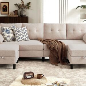 Tornama 101" Sectional Sofa Couch, Modern Polyester Convertible U Shaped Couch with Double Chaise and Storage Pocket, 4-Seat Sofa Set for Living Room, Beige