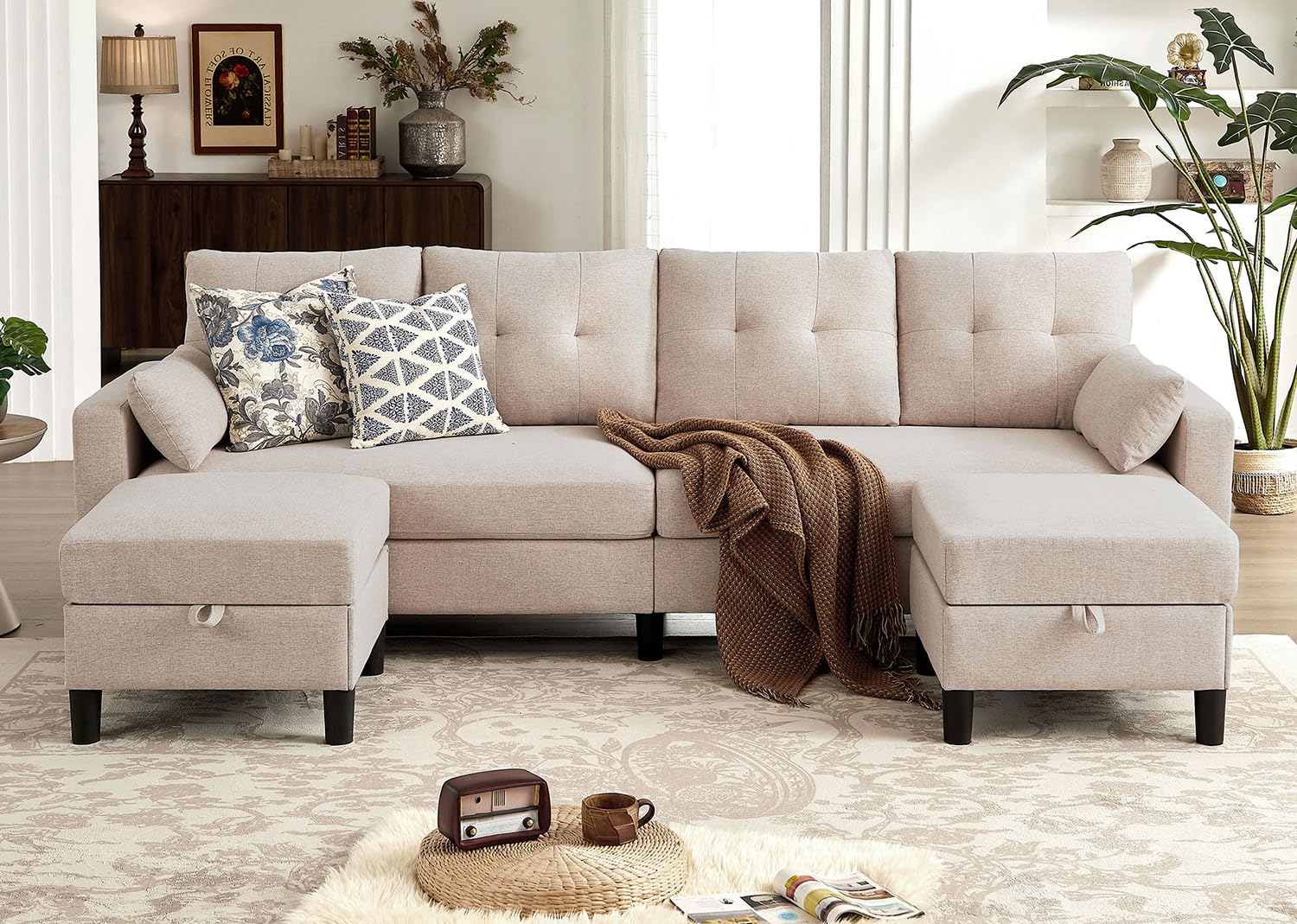 Tornama 101" Sectional Sofa Couch, Modern Polyester Convertible U Shaped Couch with Double Chaise and Storage Pocket, 4-Seat Sofa Set for Living Room, Beige