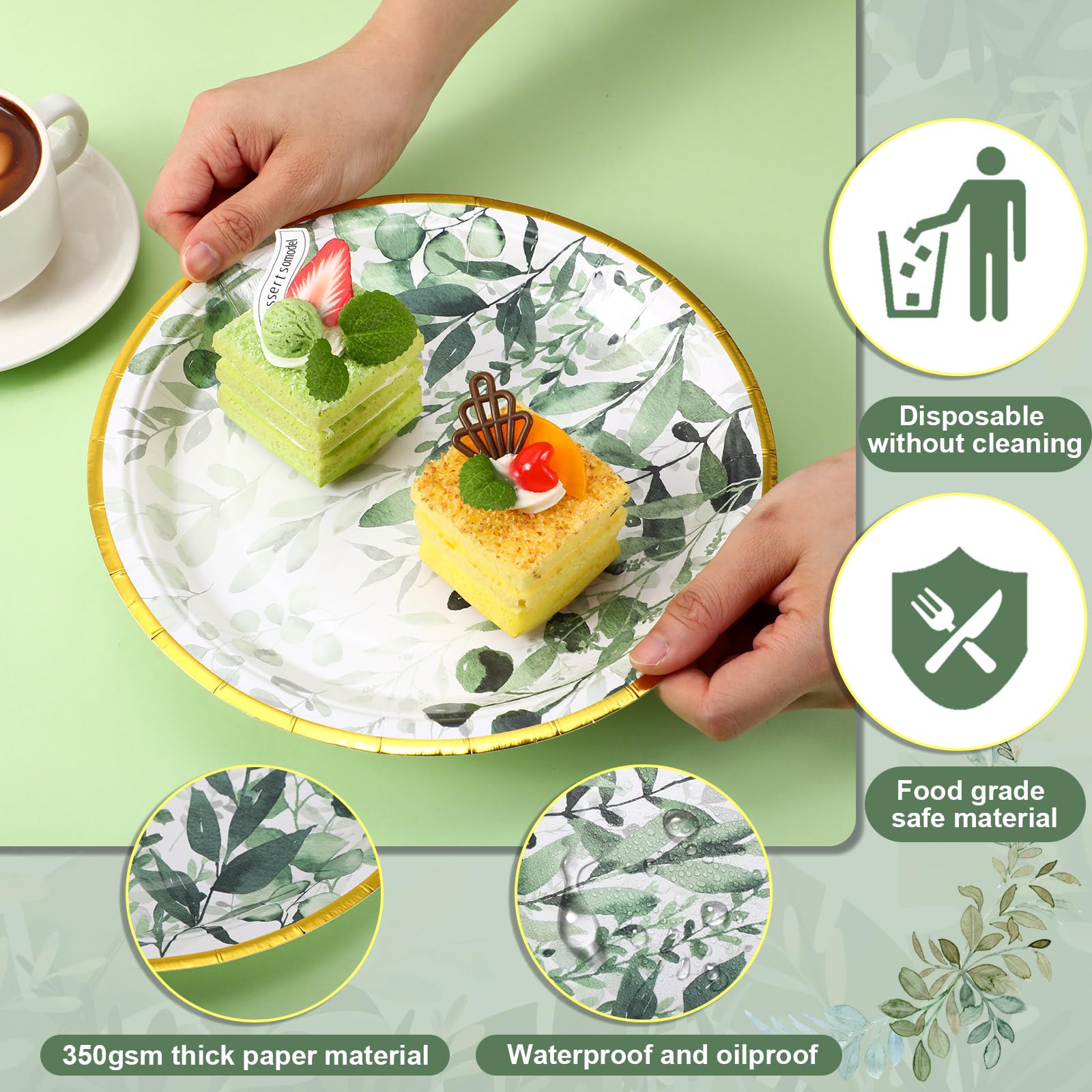 Yungyan 144 Pcs Sage Green Paper Plates with Gold Rim Sage Green Tableware Party Supplies Eucalyptus Dessert Plates Greenery Floral Plates for Baby Shower Bridal Wedding Birthday Party (9 Inch)