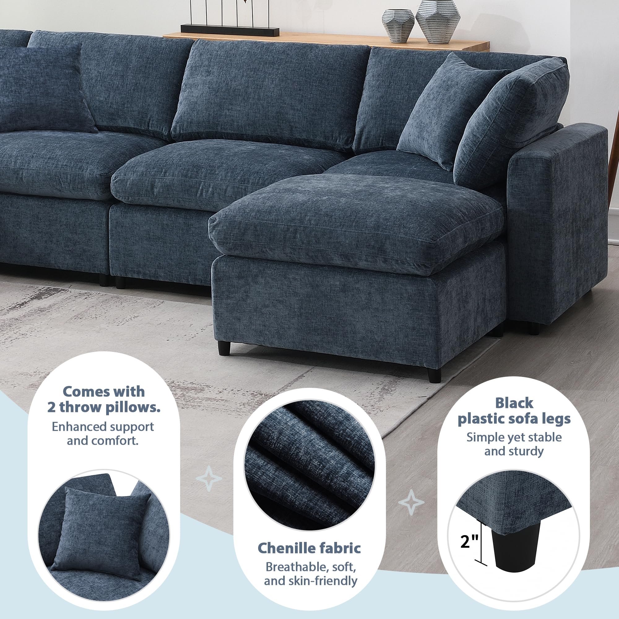 Modern Modular Sofa, 6 Seat Chenille Fabric Sectional Couch with Ottoman, U Shaped Convertible Sleeper Sofa for Living Room, Apartment