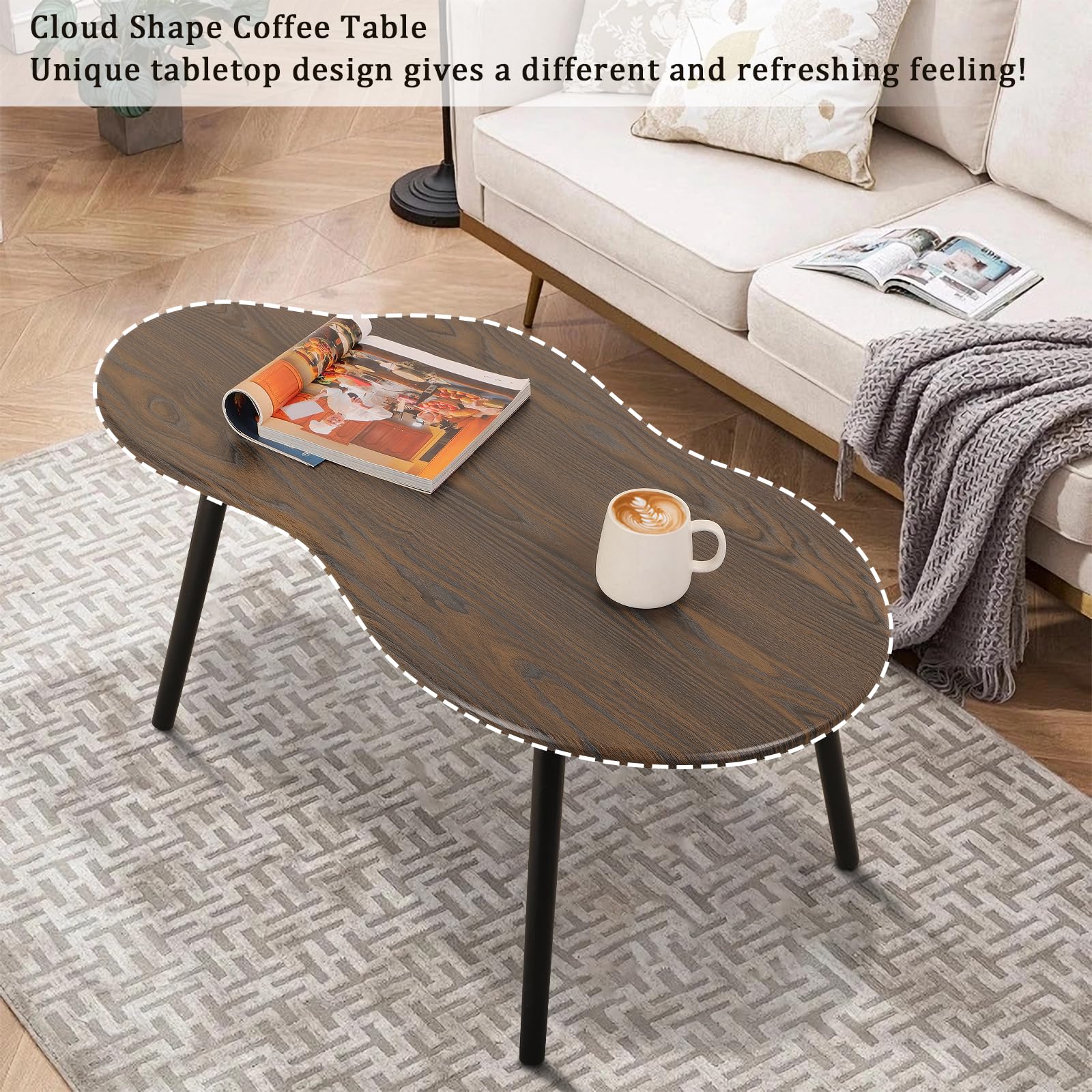 Modern Coffee Tables for Living Room Cloud Shape Center Table Industrial Irregular Wood Grain Table Top Coffee Table, Rustic Brown Unique Furniture for Living Room Home