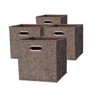 acomoon, 4 pack, odor-free, 11 inch, polyester, shiny imitation linen, collapsible fabric storage bins, cube storage organizer featuring metal handles, storage baskets for shelves (dark brown)