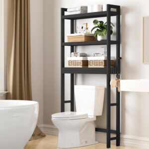 smiry over the toilet storage, bamboo 3-tier over toilet bathroom organizer with adjustable shelf, fit most toilets, space saving, stable freestanding storage cabinet with 4 hooks, black